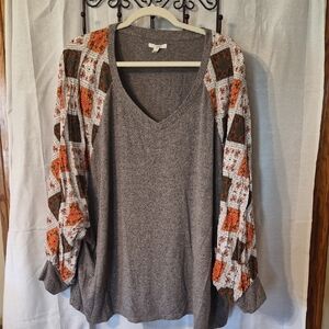 Maurices Gray Knit Top with Patterned Orange and Brown Balloon Sleeves